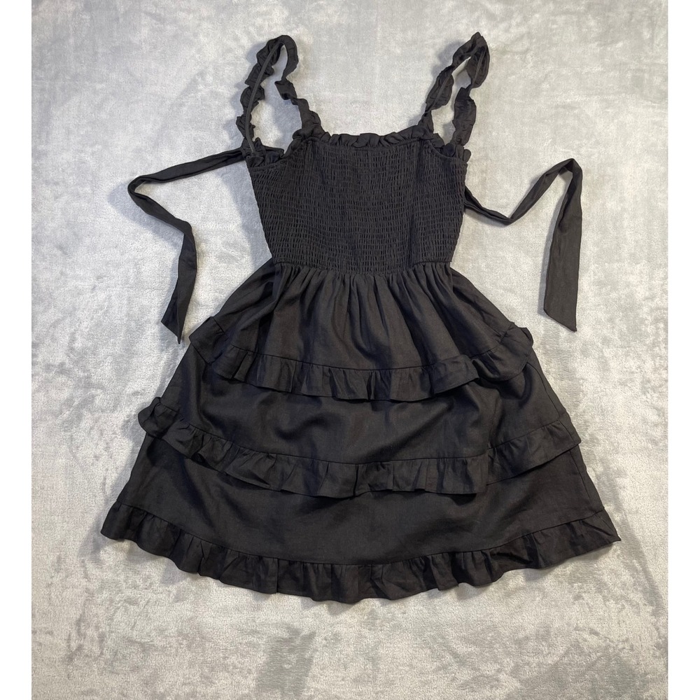 Love Tree Womens Smocked Tiered Ruffle Mini Dress Medium Black Linen Blend